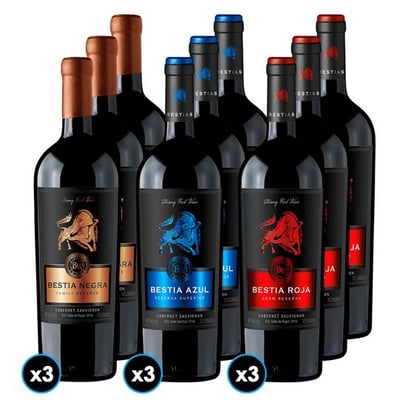 PACK BESTIAS: 3x Vino Bestia Azul Cabernet Sauvignon 750cc + 3x Vino Bestia Negra Cabernet Sauvignon 750cc + 3x Vino Bestia Roja Cabernet Sauvignon 750cc