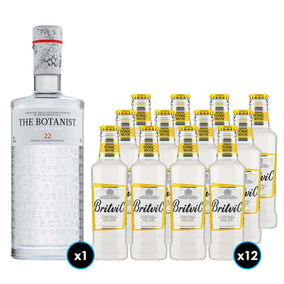 PACK BOTANIST + BRITVIC TONICA: 1x Gin The Botanist (31 BOTANICOS - 22 ENDEMICOS DE ISLAY) 700cc 46º alc. + 12x Britvic Agua Tónica 200cc