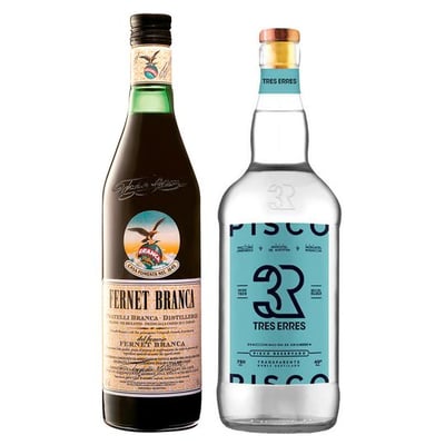 PACK BRANCA 3R TRANSPARENTE 750cc: Licor Fernet Branca 750cc + Pisco Tres Erres Transparente 750cc 40º alc.