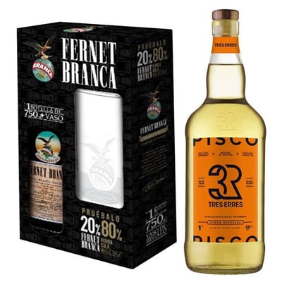 Pack Branca con vaso + 3R LITRO: KIT FERNET: 1x Licor Fernet Branca 750cc + 1x Vaso + Pisco Tres Erres 1 Litro 35° alc.