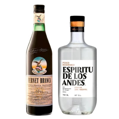 PACK BRANCA + EDLA: Licor Fernet Branca 750cc + Pisco Espíritu de Los Andes 750cc