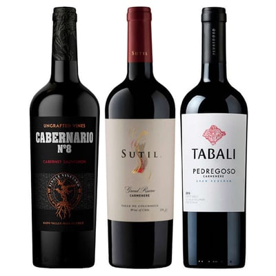 PACK CABERNARIO, SUTIL Y PEDREGOSO: 1x Vino Cabernario Black Blend 750cc + 1x Vino Sutil Gran Reserva Carmenere 750cc + 1x Vino Tabali Pedregoso Gran Reserva Carmenere 750cc
