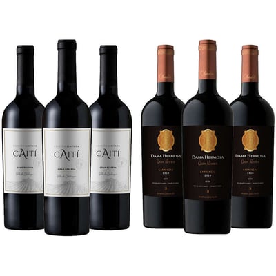 PACK CAITI - CHOCALAN (Gran Reserva): 3x Vino Caiti Gran Reserva Carmenere 750cc + 3x Vino Chocalan Dama Hermosa Gran Reserva Carmenere 750cc