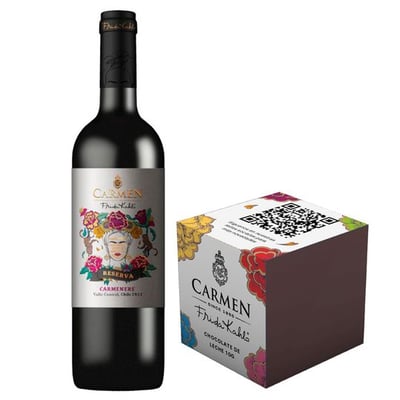 PACK CARMEN FRIDA KAHLO + CAJA DE CHOCOLATE: 1x Vino Carmen Reserva Frida Kahlo Carmenere 750cc + 1x Caja Chocolate Carmen Frida Kahlo