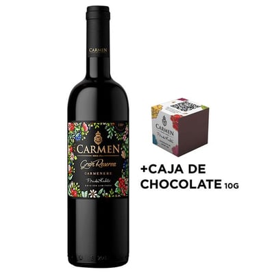 PACK CARMEN FRIDA KAHLO GR + MINI CAJA CHOCOLATE (10gr): 1x Vino Carmen Gran Reserva Frida Kahlo Carmenere 750cc + 1x Mini Caja Chocolate Carmen Frida Kahlo