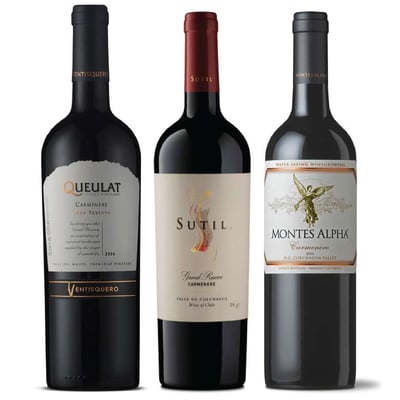 PACK CARMENERE GRAN RESERVA COLCHAGUA: Vino Sutil Gran Reserva Carmenere 750cc + Vino Ventisquero Queulat Gran Reserva Carmenere 750cc + Vino Montes Alpha Carmenere 750cc 