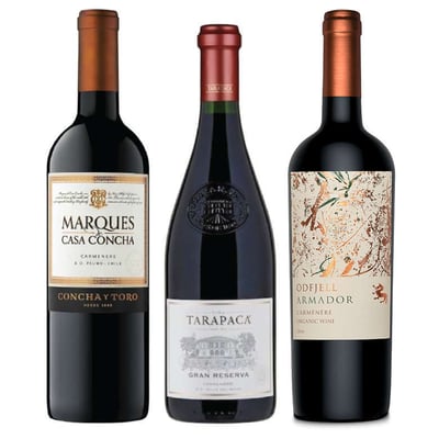 PACK CARMENERE GRAN RESERVA VALLE DEL MAIPO: Vino Odfjell Armador Carmenere 750cc + Vino Tarapacá Gran Reserva Carmenere 750cc + Vino Marques de Casa Concha Carmenere 750cc