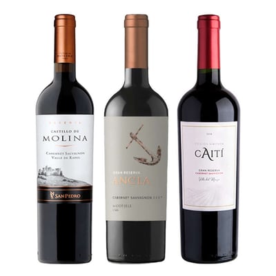 PACK CdM/Ancla/Caiti: Vino Castillo de Molina Reserva Cabernet Sauvignon 750cc + Vino Odfjell Ancla Gran Reserva Cabernet Sauvignon 750cc + Vino Caiti Gran Reserva Cabernet Sauvignon 750cc
