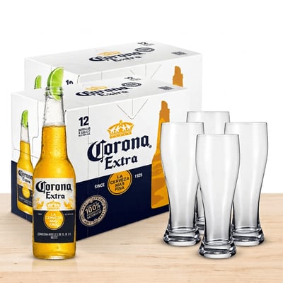 Pack Cerveza Corona Extra botella 24 un de 330 cc +  4 garzas cerveceras Dkora Collection 580 ml