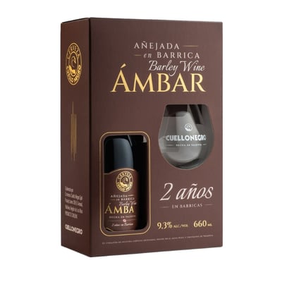 Pack Cerveza Cuello Negro Ámbar 2 Años Añejada en Barrica 9,3˚ 660cc + Copa