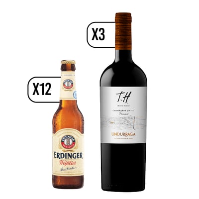 Pack Cerveza Erdinger Weissbier 330ml + 3 Vino T.h. Peumo Carmenere