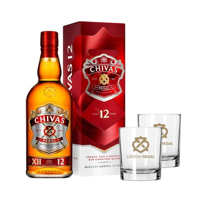 PACK CHIVAS + 2 VASOS: Whisky Chivas Regal 12 años 750cc 40º alc. + 2x Vaso Chivas Regal