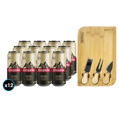 PACK CUSQUEÑA: 12X Cerveza Cusqueña Negra Lata 473cc +1x Tabla Picoteo Cusqueña