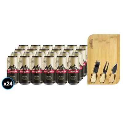 PACK CUSQUEÑA: 24X Cerveza Cusqueña Negra Lata 473cc +1x Tabla Picoteo Cusqueña