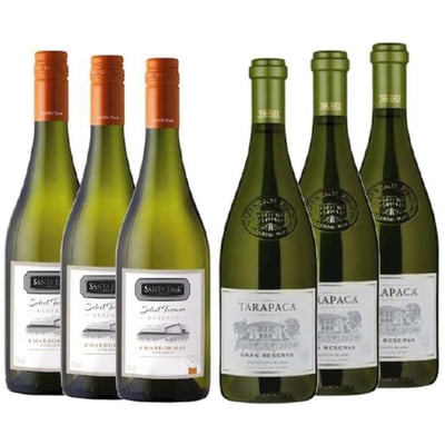 PACK CYBER BLANCOS: 3x Vino Santa Ema Select Terroir Reserva Chardonnay 750cc + 3x Vino Tarapacá Gran Reserva Sauvignon Blanc 750cc