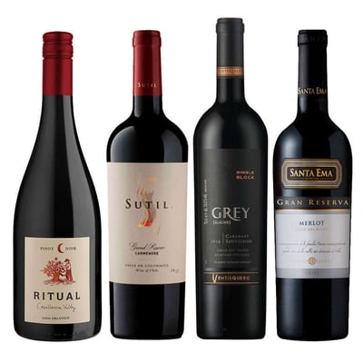 PACK CYBER GRAN PREMIUM: Vino Sutil Gran Reserva Carmenere 750cc + Vino Ritual Pinot Noir Orgánico 750cc + Vino Ventisquero Grey Cabernet Sauvignon 750cc + Vino Santa Ema Gran Reserva Merlot 750cc