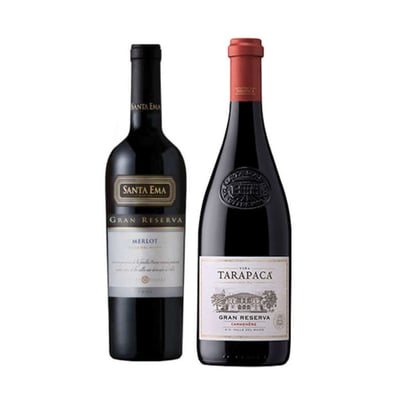 PACK DUO GRAN RESERVA Nº2 (Merlot/Carmenere): Vino Santa Ema Gran Reserva Merlot + Vino Tarapacá Gran Reserva Carmenere