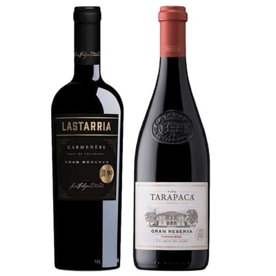 PACK DUO STOCKEATE (Carmenere): Vino Lastarria Gran Reserva Carmenere 750cc + Vino Tarapacá Gran Reserva Carmenere 750cc