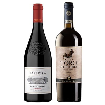 PACK DUO VINOS Nº8: Vino Tarapacá Gran Reserva Carmenere 750cc + Vino Toro de Piedra Gran Reserva Carmenere 750cc