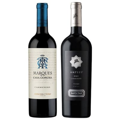 PACK DÚO VINOS N°9: 1x Vino Marques de Casa Concha Carmenere 750cc + 1x Vino Santa Ema Amplus Carmenere 750cc