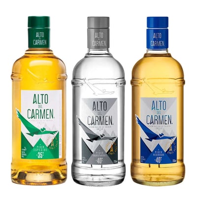 PACK FAN ALTO DEL CARMEN: 1x Pisco Alto del Carmen 35 grados 750cc + 1x Pisco Alto del Carmen Transparente 750cc 40º alc. + 1x Pisco Alto del Carmen Reservado 750cc 40º alc