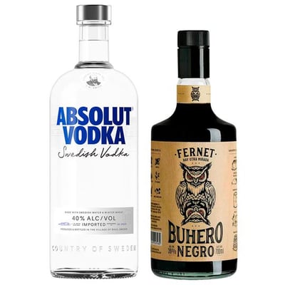 PACK FERNET + ABSOLUT LITRO: Fernet Buhero Negro 700cc 39°alc. + Vodka Absolut Blue 1 Litro