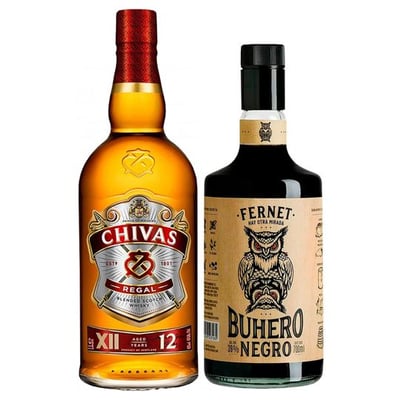 PACK FERNET + CHIVAS LITRO: Fernet Buhero Negro 700cc 39°alc. + Whisky Chivas Regal 12 años 750cc 40º alc.