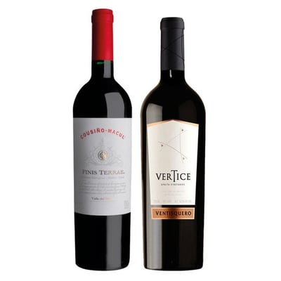 PACK FUSIÓN PERFECTA: 1x Vino Ventisquero Vertice 750cc + 1x Vino Cousiño Macul Finis Terrae (CA/ME/SY) 750cc