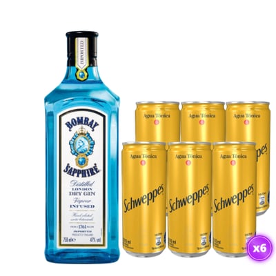 Pack Gin Tonic 1 - 1x Gin Bombay Sapphire 750ml + 6x Schweppes Agua Tónica 250cc