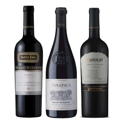PACK GRAN RESERVA SUMMER Nº2: Vino Santa Ema Gran Reserva Malbec 750cc + Vino Tarapacá Gran Reserva Cabernet Sauvignon 750cc + Vino Ventisquero Queulat Gran Reserva Cabernet Sauvignon 750cc