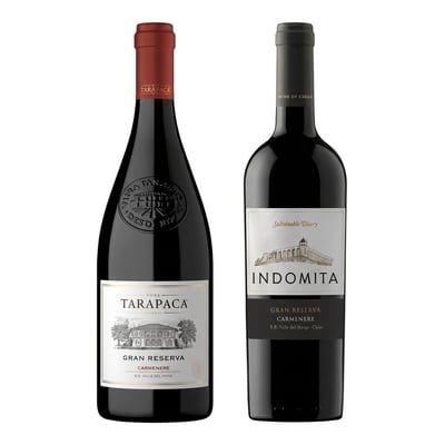 PACK GRAN RESERVA (TARAPACÁ - INDÓMITA): 1x Vino Tarapacá Gran Reserva Carmenere 750cc + 1x Vino Indómita Gran Reserva Carmenere 750cc