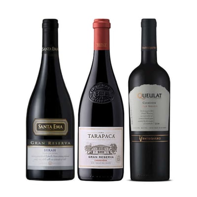 PACK GRAN RESERVAS SUMMER Nº1: Vino Santa Ema Gran Reserva Syrah 750cc + Vino Tarapacá Gran Reserva Carmenere 750cc + Vino Ventisquero Queulat Gran Reserva Carmenere 750cc