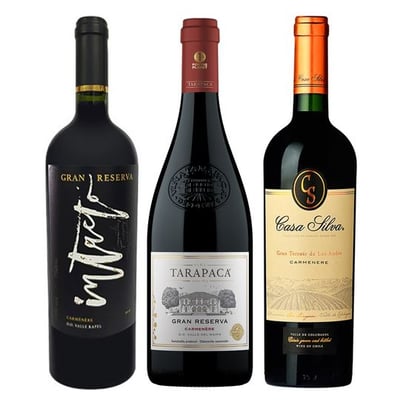 PACK INTACTO N°1: 1x Vino Miravalle Intacto Gran Reserva Carmenete 750cc + 1x Vino Tarapacá Gran Reserva Carmenere 750cc + 1x Vino Casa Silva Gran Terroir Carmenere 750cc