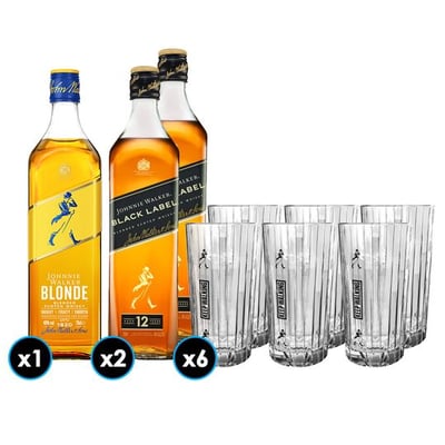 Pack Johnnie Walker: 2x Whisky Johnnie Walker Black Label 750cc 40º alc. + 1 Whisky Johnnie Walker Blonde 750cc 40º alc. + 6 Vaso Highball JW Black 