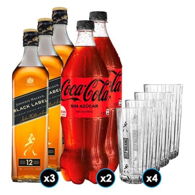 Pack Johnnie Walker Black: 3X Whisky Johnnie Walker Black Label 750cc 40º alc. + 2X Bebida Coca Cola Zero Azúcar 1.5 L + 4X Vaso Highball JW Black