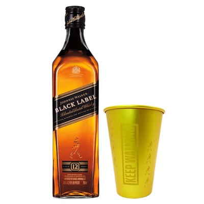 PACK JOHNNIE WALKER BLACK + VASO ALUMINIO DORADO: Whisky Johnnie Walker Black Label 750cc 40º alc. + Vaso JW Dorado Aluminio