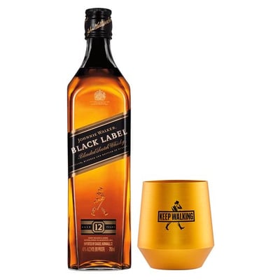PACK JOHNNIE WALKER BLACK + VASO METALICO: 1X Whisky Johnnie Walker Black Label 750cc 40º alc. + 1X Vaso Corto JW Aluminio Black