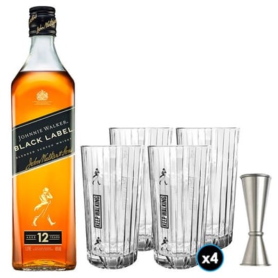 PACK JW BLACK LABEL 1L: 1x Whisky Johnnie Walker Black Label 1L40º alc. + 4x Vaso Highball JW Black +1x Jigger