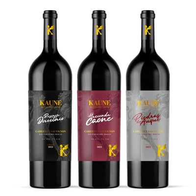 PACK KAUNE N°2: 1x Vino Kaune Reserva Directorio Cabernet Sauvignon 750cc + 1x Vino Kaune Hacienda Caone Cabernet Sauvignon 750cc + 1x Vino Kaune Piedras de Auque Cabernet Sauvignon 750cc
