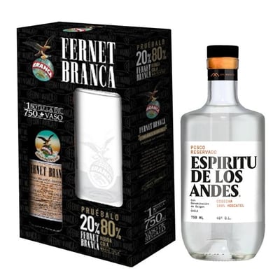 Pack Kit Branca con vaso + EDLA:  KIT FERNET: 1x Licor Fernet Branca 750cc + 1x Vaso + Pisco Espíritu de Los Andes 750cc