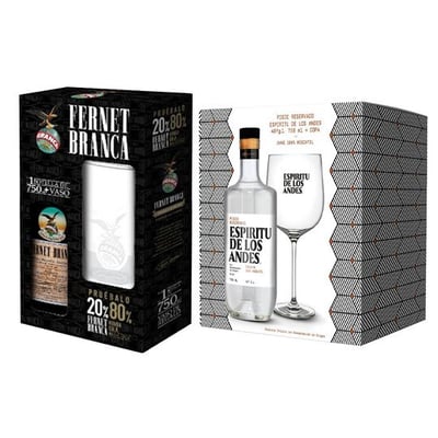 Pack Kit Branca con vaso + Kit EDLA con copa: KIT EDLA + COPA: 1x Pisco Espíritu de Los Andes 750cc + 1x Copa + Pack Fernet Branca: Licor Fernet Branca 750cc + Vaso vidrio Branca