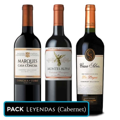 PACK LEYENDAS (Cabernet): Vino Marques de Casa Concha Cabernet Sauvignon 750cc + Vino Montes Alpha Cabernet Sauvignon 750cc + Vino Casa Silva Gran Terroir Cabernet Sauvignon 750cc