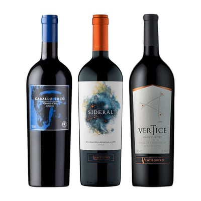 PACK LOCO SIDERAL VERTICE: Vino Caballo Loco Grand Cru Apalta 750cc + Vino Sideral Blend 750cc + Vino Ventisquero Vértice 750cc