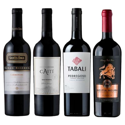 PACK LOS 4 FANTÁSTICOS Nº2: 1x Vino Santa Ema Gran Reserva Carmenere 750cc + 1x Vino Santa Ema Gran Reserva Carmenere 750cc + 1x Vino Caiti Gran Reserva Carmenere 750cc + 1x Vino Tabali Pedregoso Gran Reserva Cabernet Sauvignon 750cc