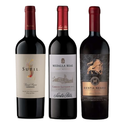 PACK MEDALLA BESTIA SUTIL: Vino Sutil Gran Reserva Carmenere 750cc + Vino Medalla Real Gran Reserva Cabernet Sauvignon 750cc + Vino Bestia Negra Cabernet Sauvignon 750cc