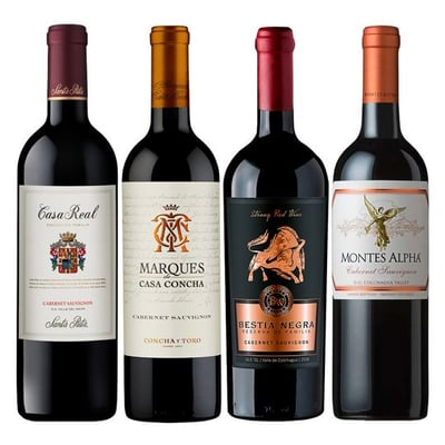 PACK MIX CABERNET N°1: 1x Vino Casa Real Cabernet Sauvignon 750cc + 1x Vino Marques de Casa Concha Cabernet Sauvignon 750cc + 1x Vino Bestia Negra Cabernet Sauvignon 750cc + 1x Vino Montes Alpha Cabernet Sauvignon 750cc
