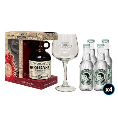 PACK MOMBASA N°2: Gin Premium Mombasa Club 700cc 41.5° alc.+ Copa Vidrio + 4x Thomas Henry Botanical Tonic 200cc