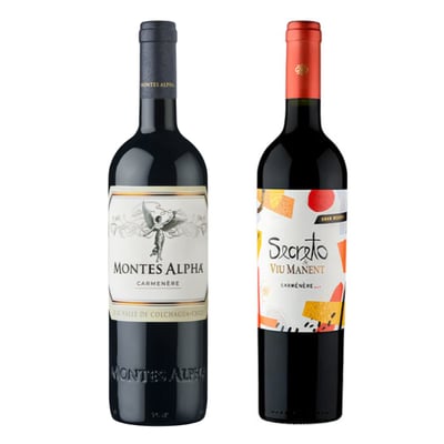 PACK Montes + Viu Manent: x1 Vino Montes Alpha Carmenere 750cc + x1 Vino Secreto Viu Manent Carmenere 750cc