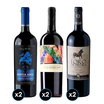 PACK PARRILLERO TINTOS: 2x Vino Toro de Piedra Cabernet Sauvignon 750cc + 2x Vino 7 Colores Gran Reserva Cabernet Sauvignon 750cc + 2x Vino Bestia Azul Cabernet Sauvignon 750cc