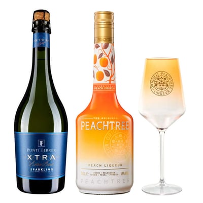 PACK PEACHTREE N°1: 1x Licor Peachtree 700cc 20° alc. + 1x Espumante Punti Ferrer Xtra Brut 750cc 12°alc. + 1x Copa Licor Peachtree